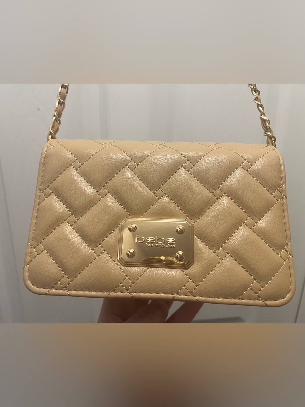 bebe Quilted Crossbody Bag in Beige with Gold Plate